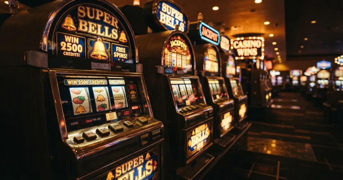Rangée de machines à sous illuminées dans une salle de casino, écrans et boutons de mise au premier plan
