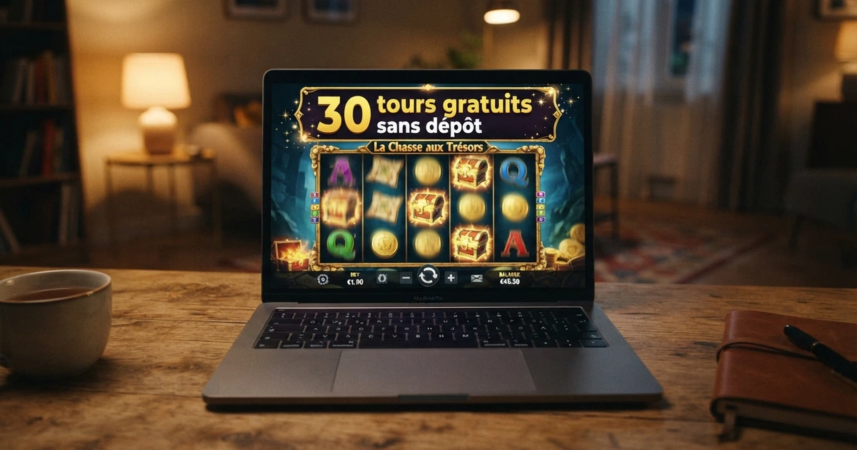 Page d'accueil d'un casino en ligne affichant une offre de 30 tours gratuits sans dépôt en bannière principale