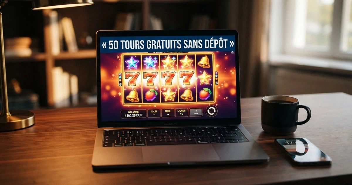 Capture d'écran d'une machine à sous en ligne affichant une bannière promotionnelle de 50 tours gratuits sans dépôt
