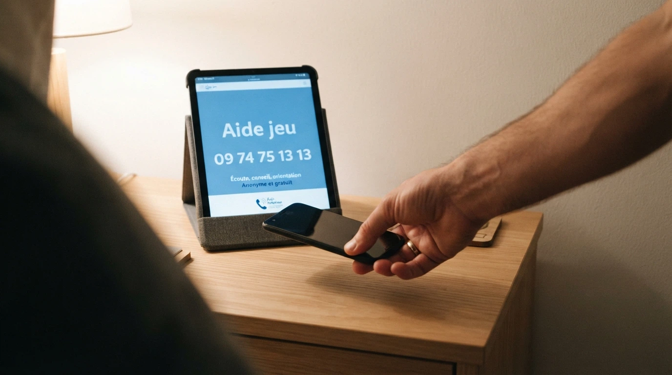 Une main qui décroche un téléphone posé à côté d'un écran affichant le logo Joueurs Info Service et le numéro 09 74 75 13 13