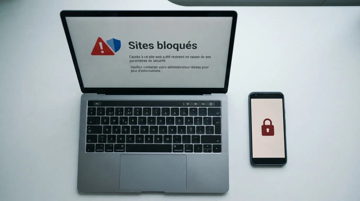 Une capture d'écran du site anj.fr affichant la liste des sites bloqués, avec un cadenas et un panneau d'avertissement en surimpression