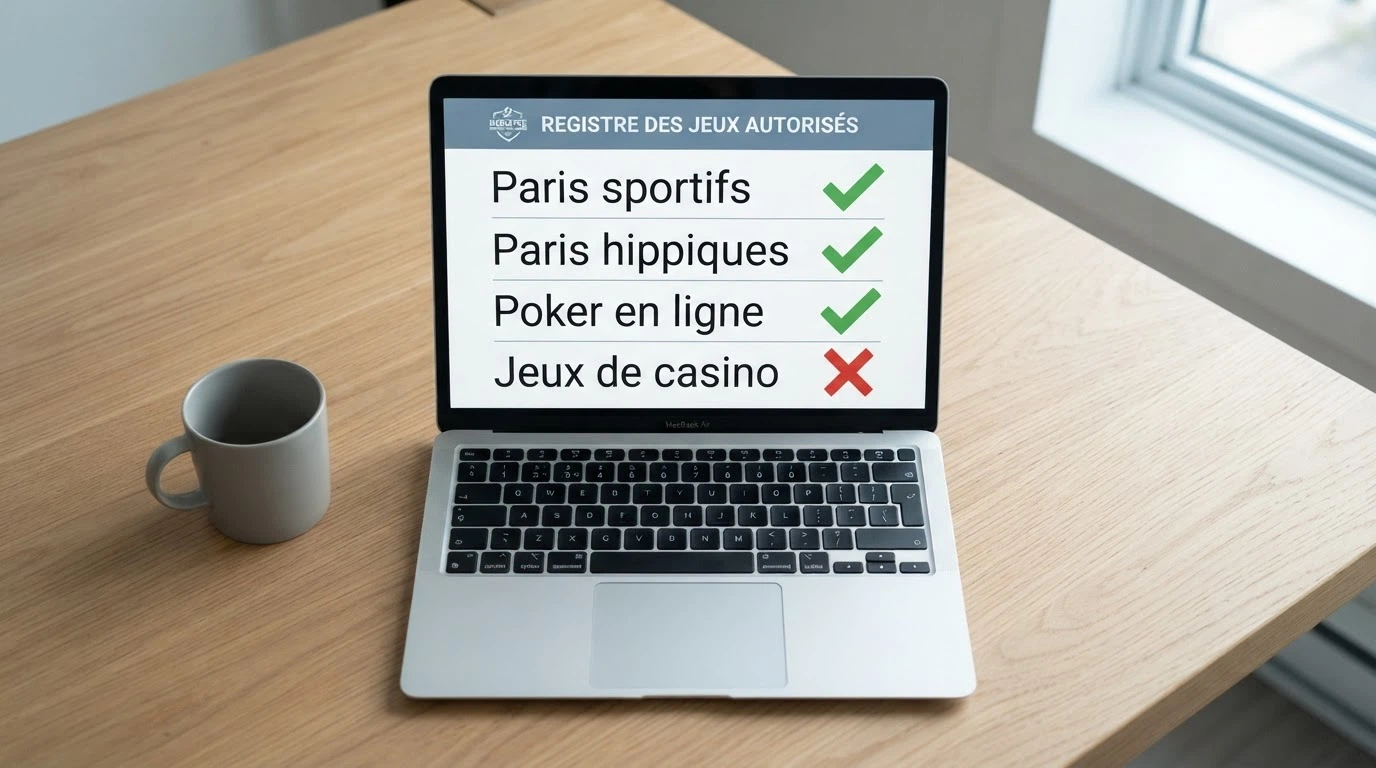 Capture d'écran du registre public des opérateurs agréés de l'ANJ montrant la liste des catégories de jeux autorisées (paris sportifs, paris hippiques, poker), sans aucune mention du casino en ligne.