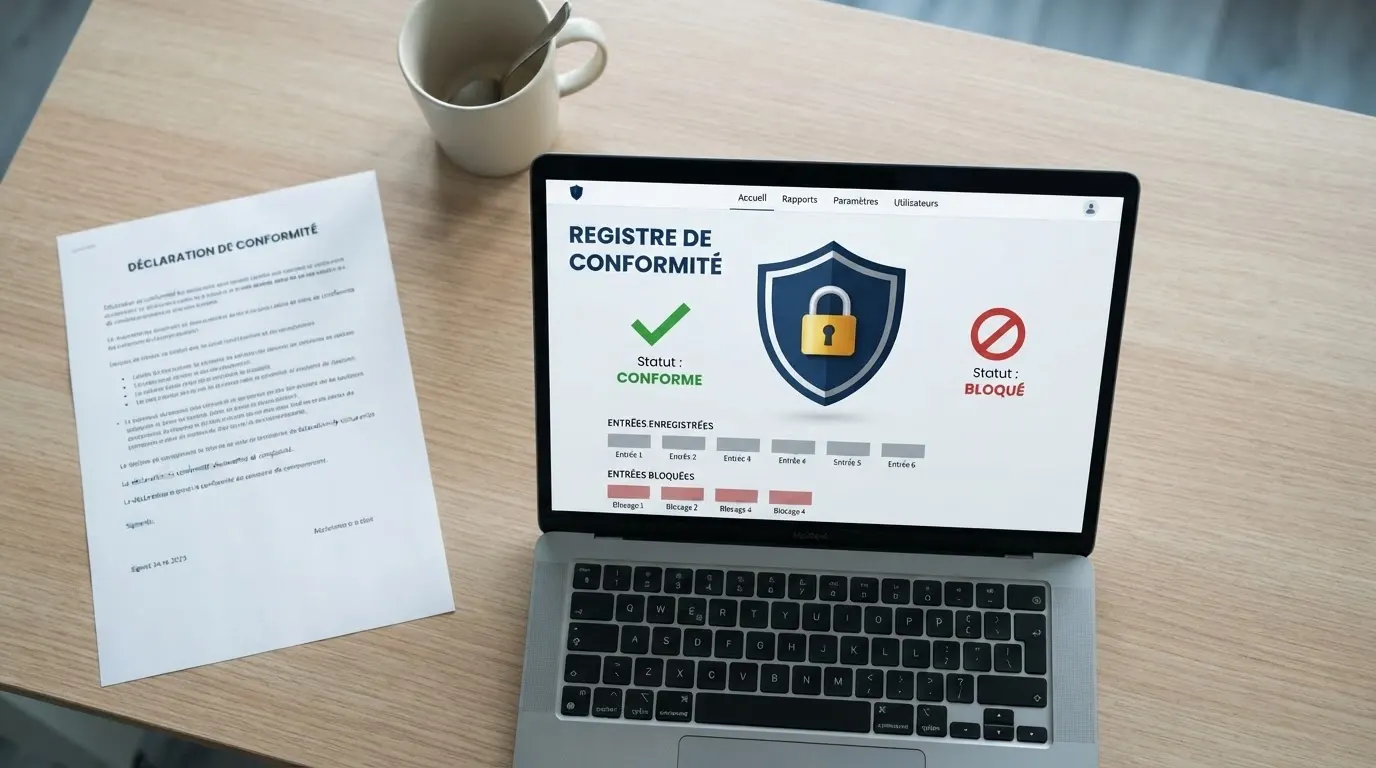 Une interface de consultation du registre ANJ sur un écran, avec les logos des sites bloqués et les sceaux officiels de l’Autorité Nationale des Jeux