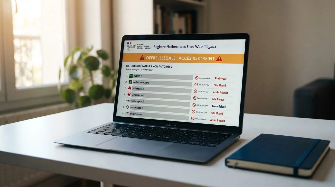 Logo de l'Autorité nationale des jeux sur un écran affichant une liste de sites bloqués et la mention « offre illégale »