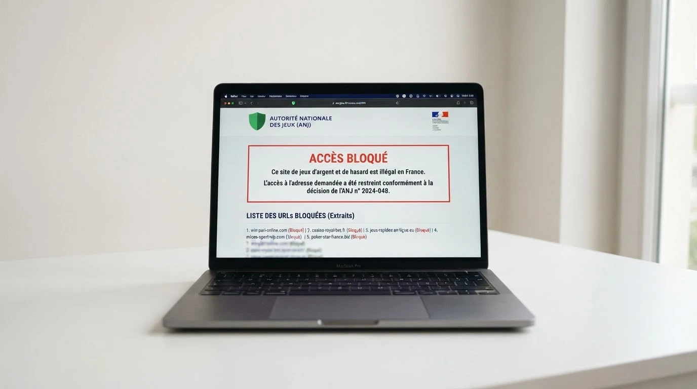 Écran affichant le site de l'ANJ avec une notification de blocage d'un site de jeux illégal