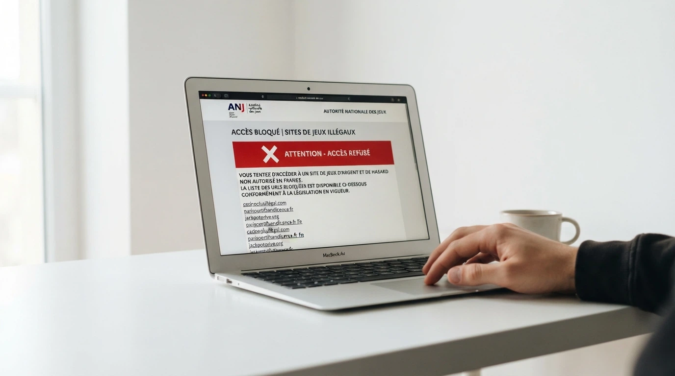 Capture d'écran de la page officielle de l'ANJ listant les sites de jeux d'argent bloqués et déréférencés, avec les URLs visées et les dates d'ordre