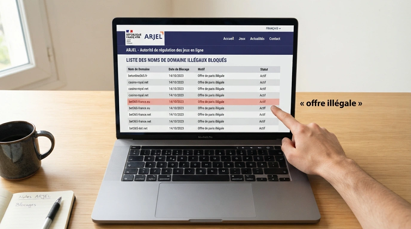 Interface du site anj.fr affichant la liste noire des sites de jeux d'argent illégaux, avec le logo de l'ANJ visible en haut à gauche et la mention « offre illégale » en surbrillance.
