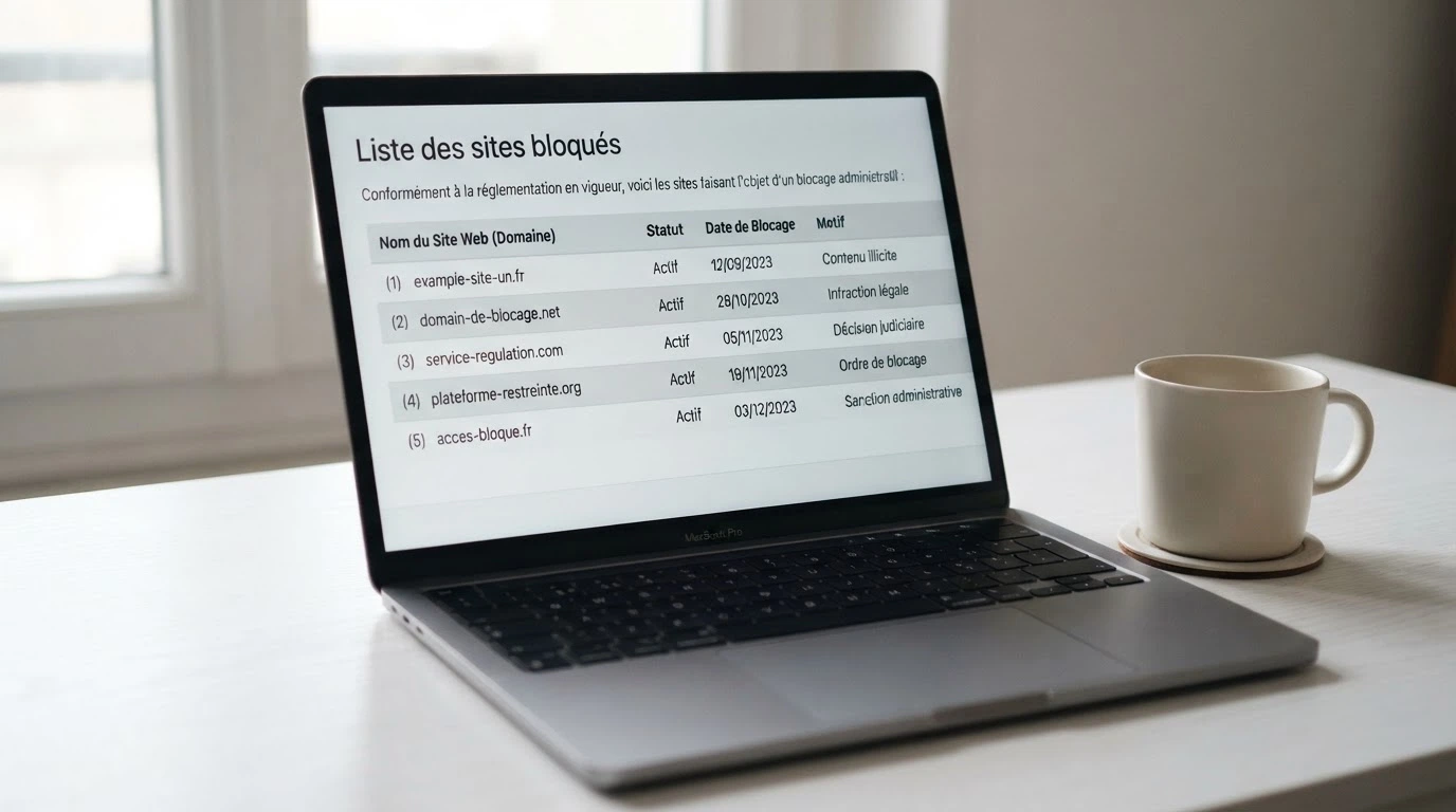 Capture d'écran du site de l'ANJ affichant la liste des sites de jeux d'argent bloqués et déréférencés en France