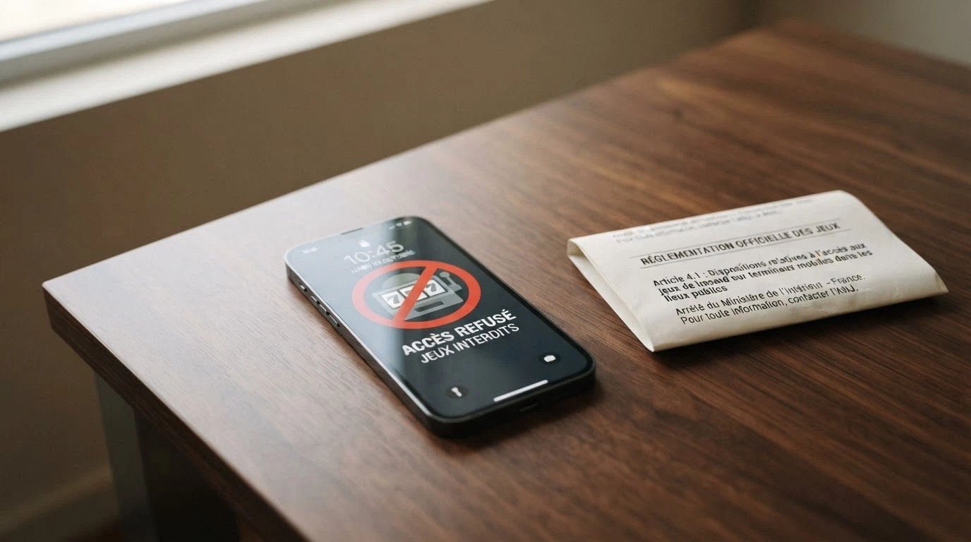 Le logo de l'ANJ sur fond blanc à côté d'un smartphone barré d'un symbole d'interdiction, sur un bureau sobre