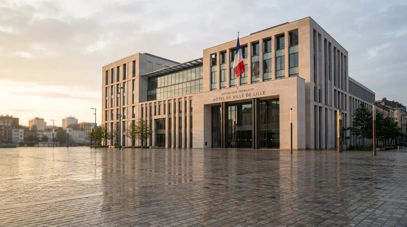 Le logo de l'ANJ sur la façade d'un bâtiment institutionnel français, drapeau tricolore à côté.