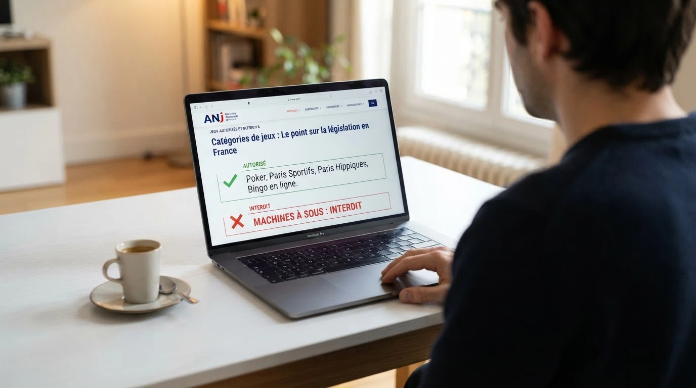 Page du site de l'ANJ affichant la liste des catégories de jeux autorisés et la mention d'interdiction des machines à sous en ligne
