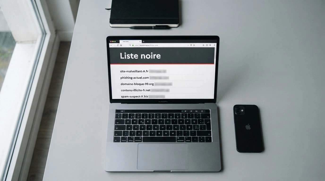 Une interface de consultation de la liste noire de l'ANJ sur un écran, avec le logo de l'Autorité nationale des jeux visible et des noms de sites bloqués