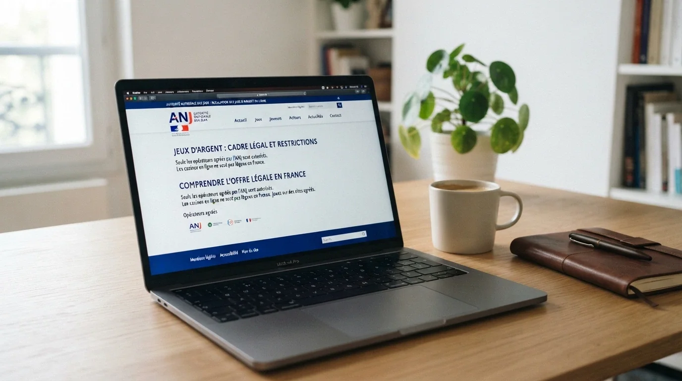 Page du site officiel de l'ANJ affichant le cadre légal des jeux d'argent en ligne, avec la mention que les jeux de casino en ligne ne sont pas agréés en France.