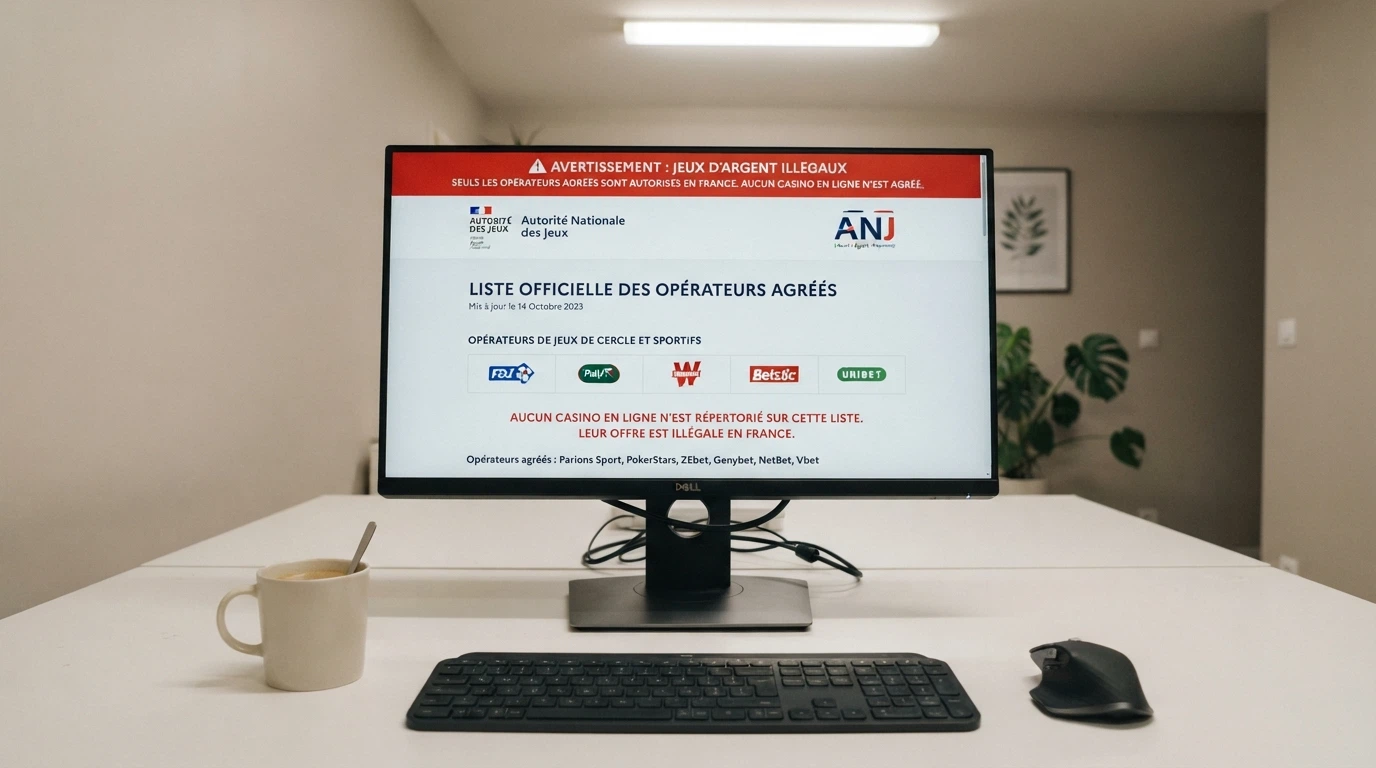 Page d'accueil du site de l'ANJ affichant la liste des opérateurs agréés et un avertissement sur les sites illégaux