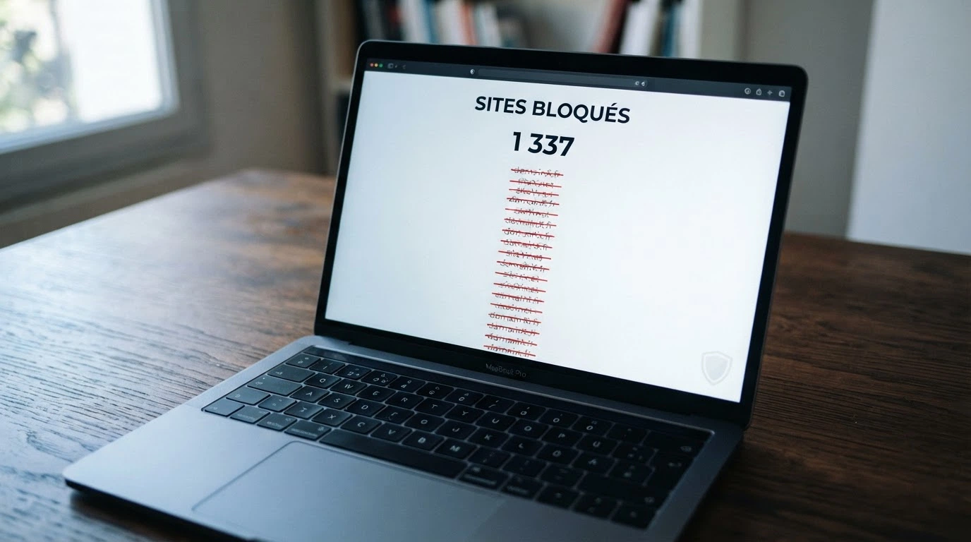 Une capture d'écran stylisée de la liste noire ANJ montrant des noms de domaines bloqués, avec le logo de l'Autorité nationale des jeux en filigrane