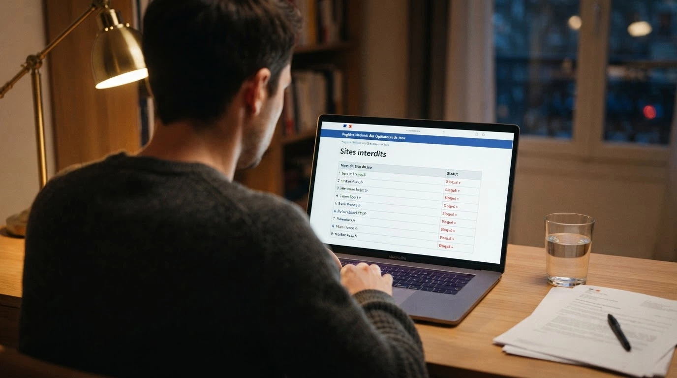 Capture d'écran du site officiel de l'ANJ affichant la page de la liste noire des sites de jeux d'argent interdits en France