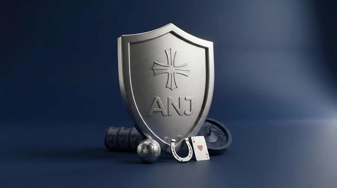 Le logo officiel de l'ANJ sur un fond blanc, accompagné de la mention « Agrément ANJ » et d'une liste partielle des catégories autorisées : paris sportifs, paris hippiques, poker.