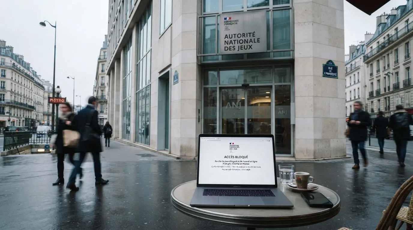 La façade du siège de l'Autorité nationale des jeux à Paris, le logo ANJ visible, un écran d'ordinateur en amorce montrant une page de blocage administratif