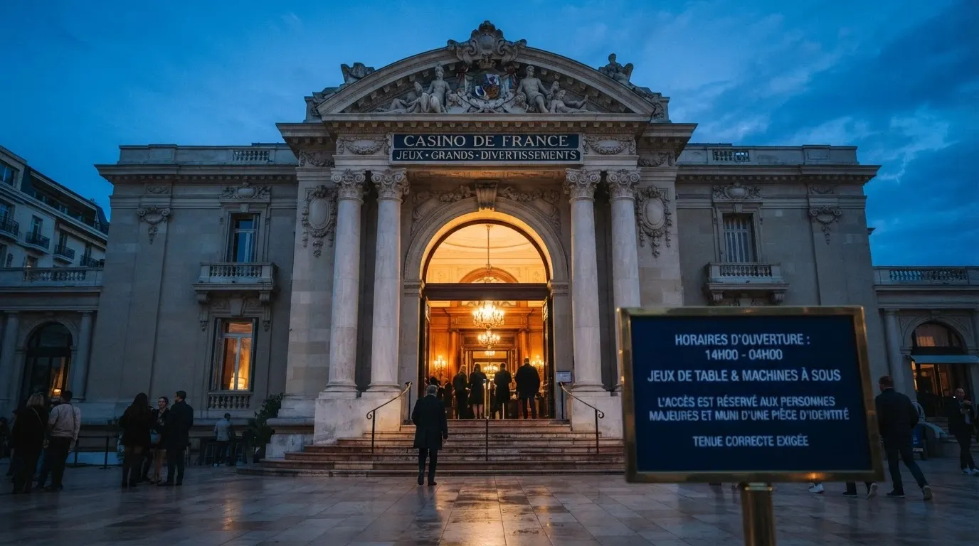 Façade officielle d'un casino terrestre français avec le logo de l'ANJ en surimpression, évoquant le contrôle réglementaire