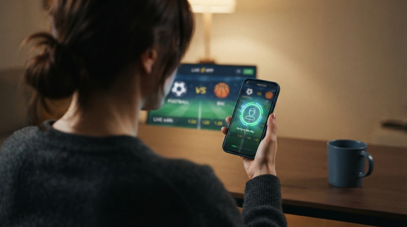 Un utilisateur validant un paiement Apple Pay par Face ID sur un iPhone, avec l'écran d'un site de paris sportifs agréé ANJ visible en fond.