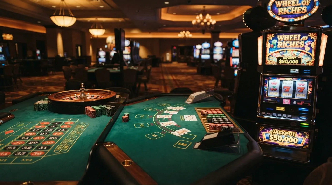 Un tapis de roulette à côté d'une table de blackjack et d'un écran de machine à sous, dans une composition comparant les trois jeux
