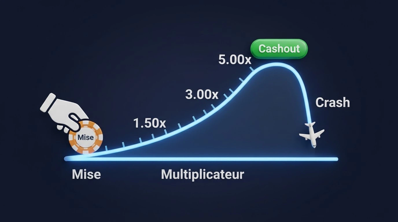 Schéma annoté du déroulement d'une partie d'Aviator : placement de mise, ascension du multiplicateur, cashout, écrasement