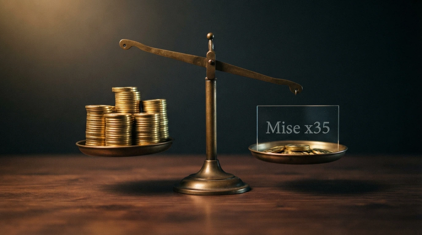 Une balance à deux plateaux : d'un côté une pile de bitcoins étincelants, de l'autre une pile de bitcoins nettement plus petite après application d'un filtre marqué « wagering x35 »