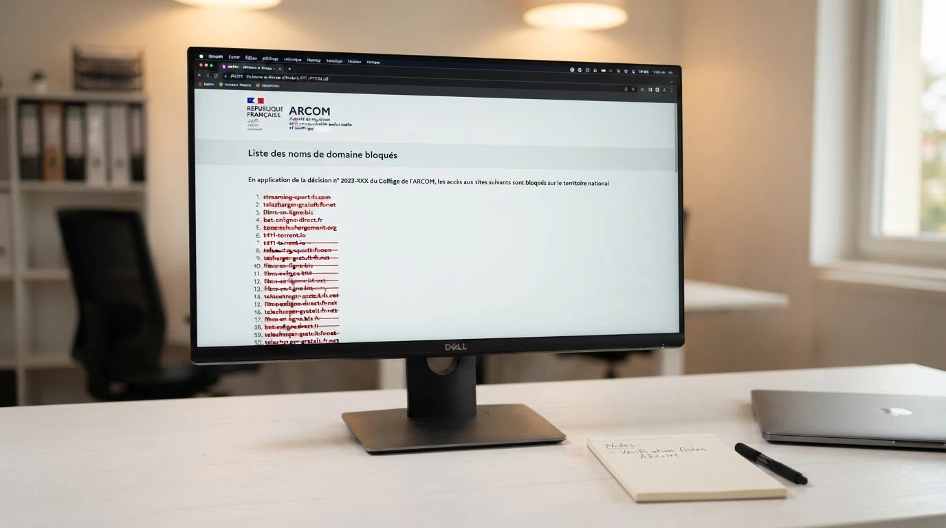 Un logo ANJ à côté d'une liste d'URL barrées sur un écran d'ordinateur
