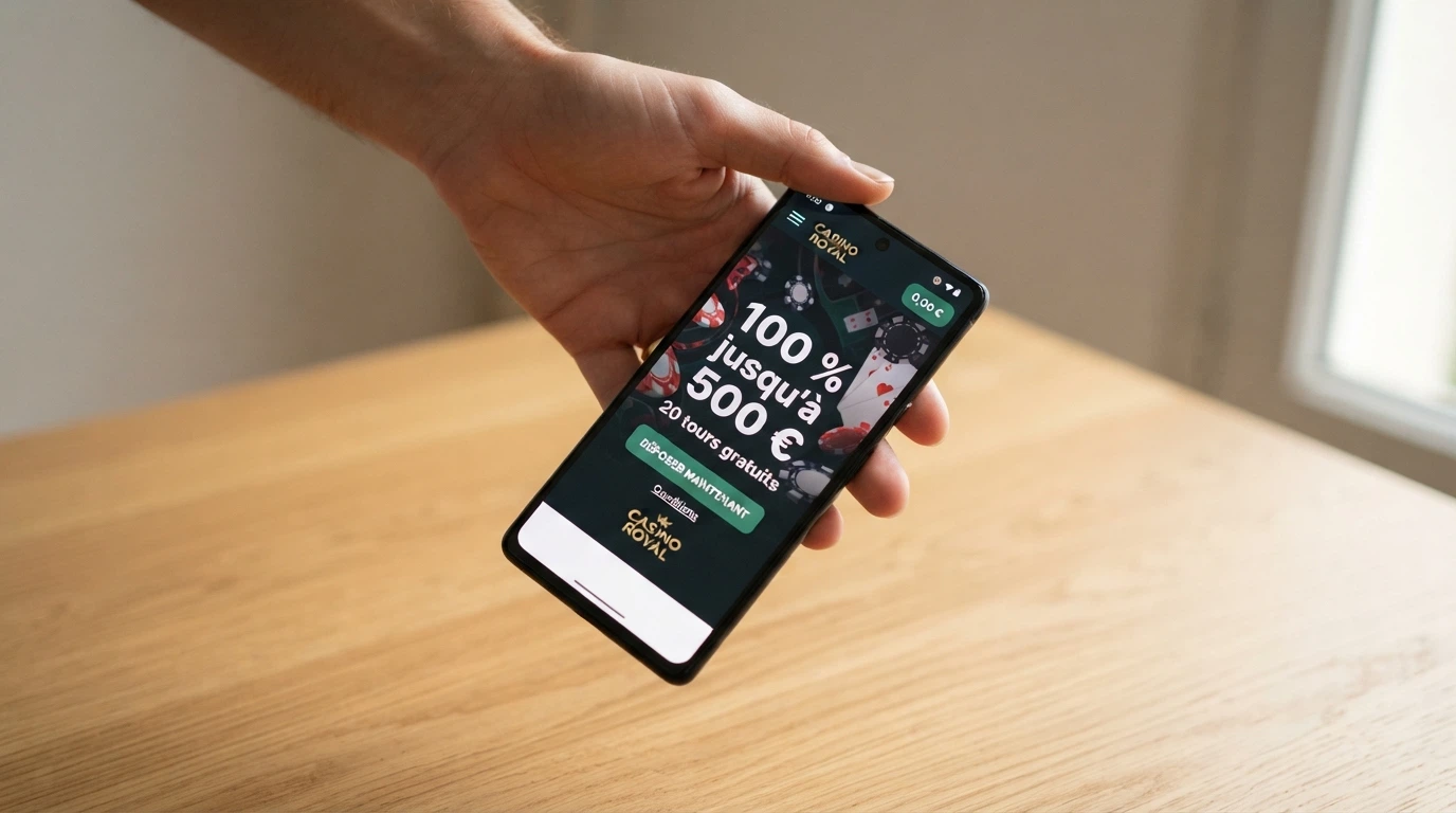 Interface de casino en ligne affichant une offre de bonus de bienvenue avec tours gratuits et conditions de mise