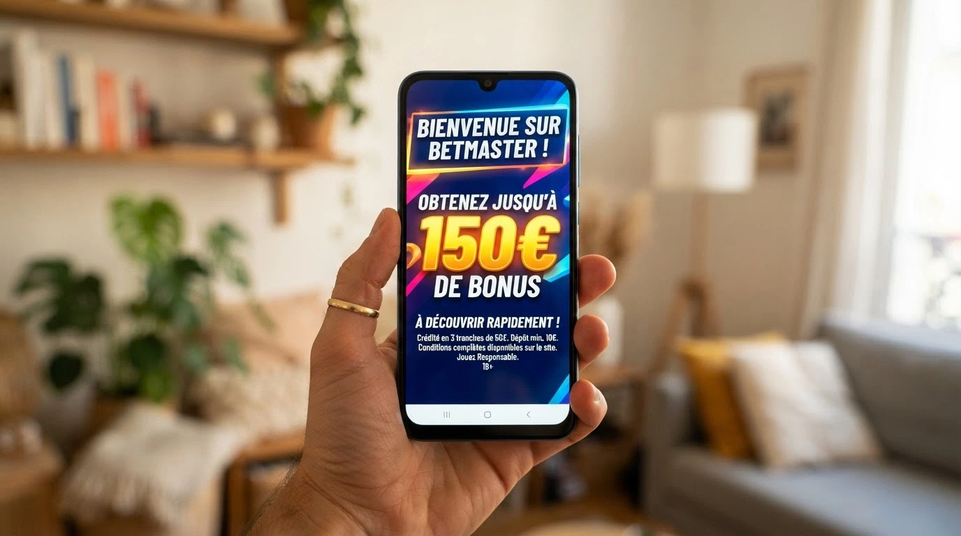 Téléphone affichant une bannière de bonus « 100 % jusqu'à 1 000 € » avec en surimpression les petits caractères des conditions de mise