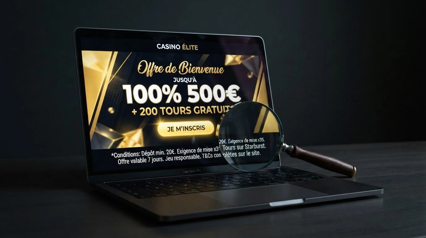 Un bandeau promotionnel affichant « 100 % jusqu'à 500 € » sur un écran de casino en ligne, avec en surimpression une loupe grossissant les petits caractères des conditions de mise en bas de page.