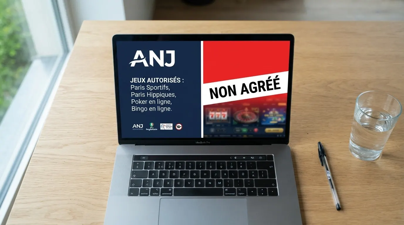 Un écran partagé entre le logo officiel de l'ANJ sur fond bleu à gauche et une interface de casino en ligne barrée d'un bandeau rouge « non agréé » à droite.