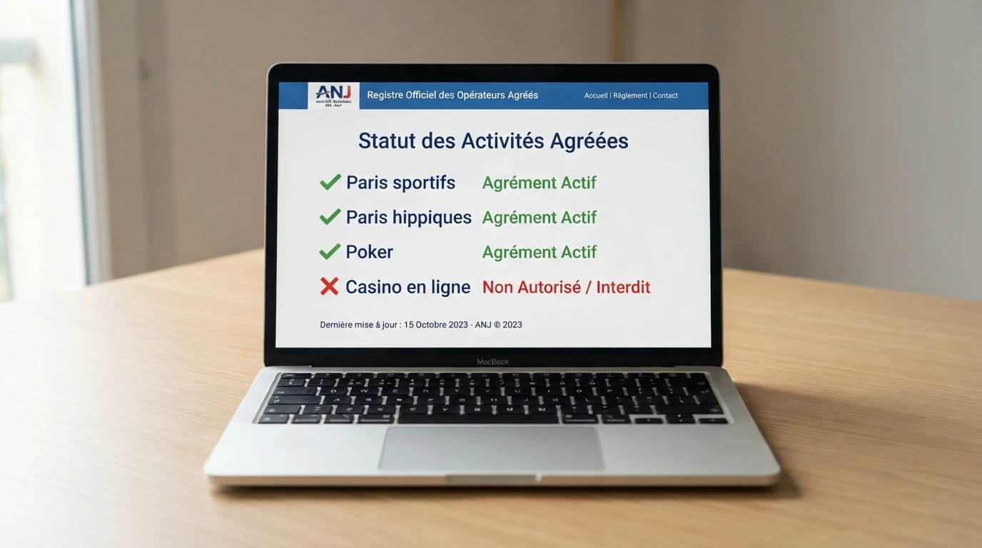 Logo de l'ANJ et capture du registre officiel des opérateurs agréés montrant l'absence de casinos en ligne dans la liste des sites autorisés