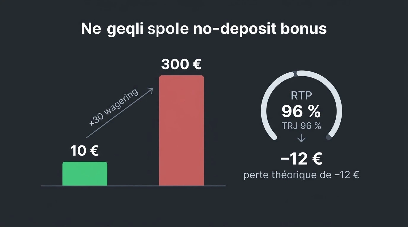Représentation visuelle d'un calcul de wagering : un bonus de 10 € face à un turnover de 300 €, avec le pourcentage de RTP qui réduit la valeur effective