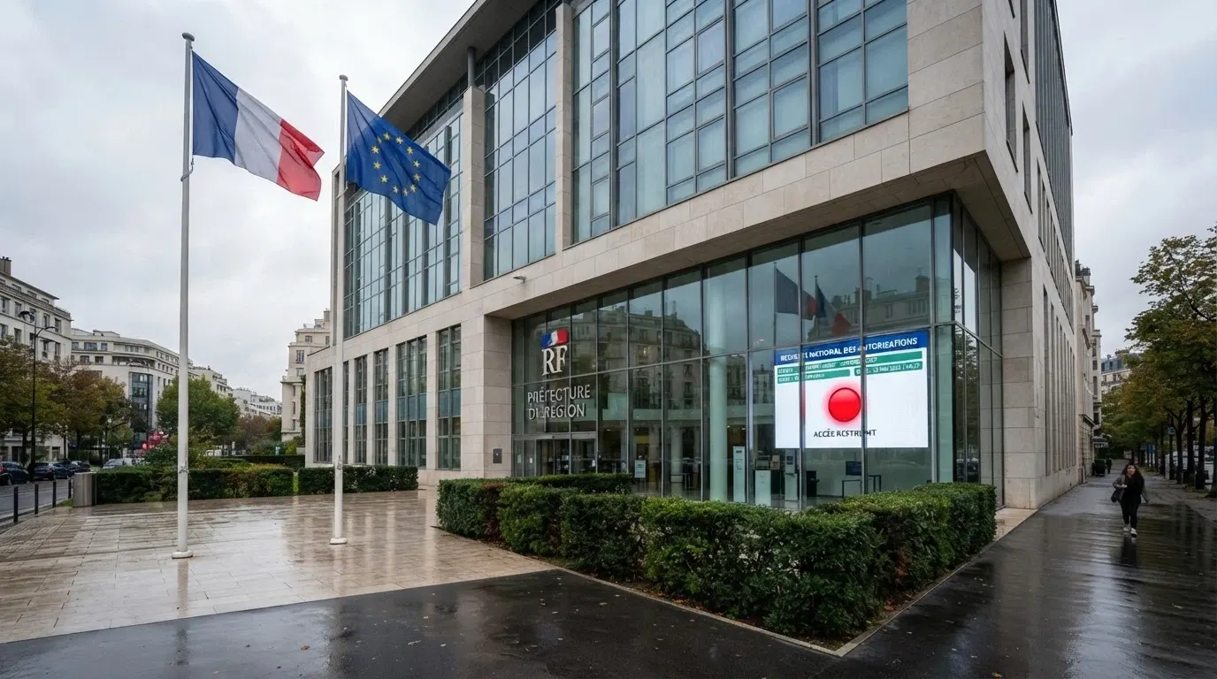 Un drapeau français et un drapeau européen côte à côte devant la façade de l'ANJ, avec un écran affichant le registre des licences bloqué en rouge.