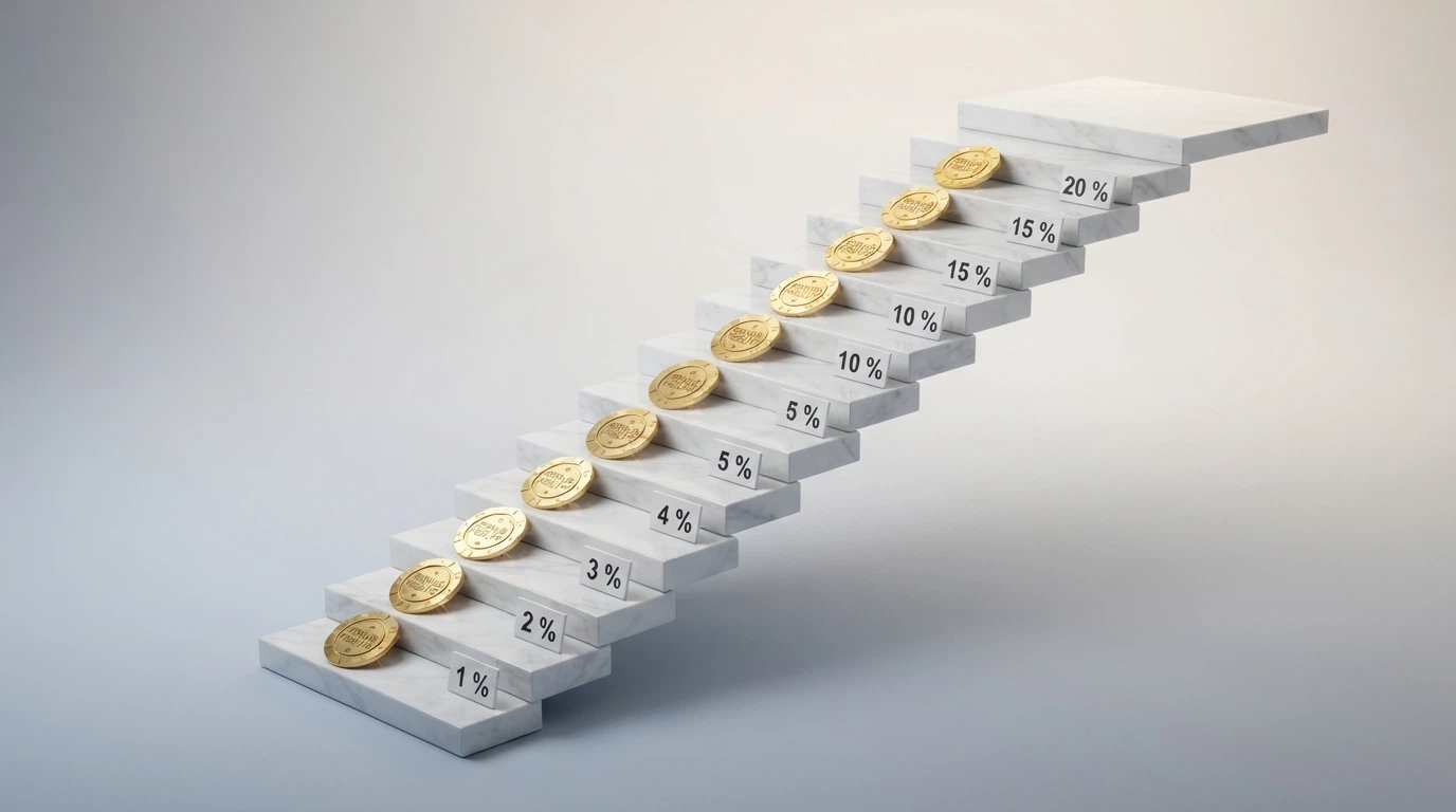 Un escalier de 18 marches montant de 1 % à 20 %, avec une pièce de monnaie sur chaque marche, la dernière marche ouverte sans barrière.