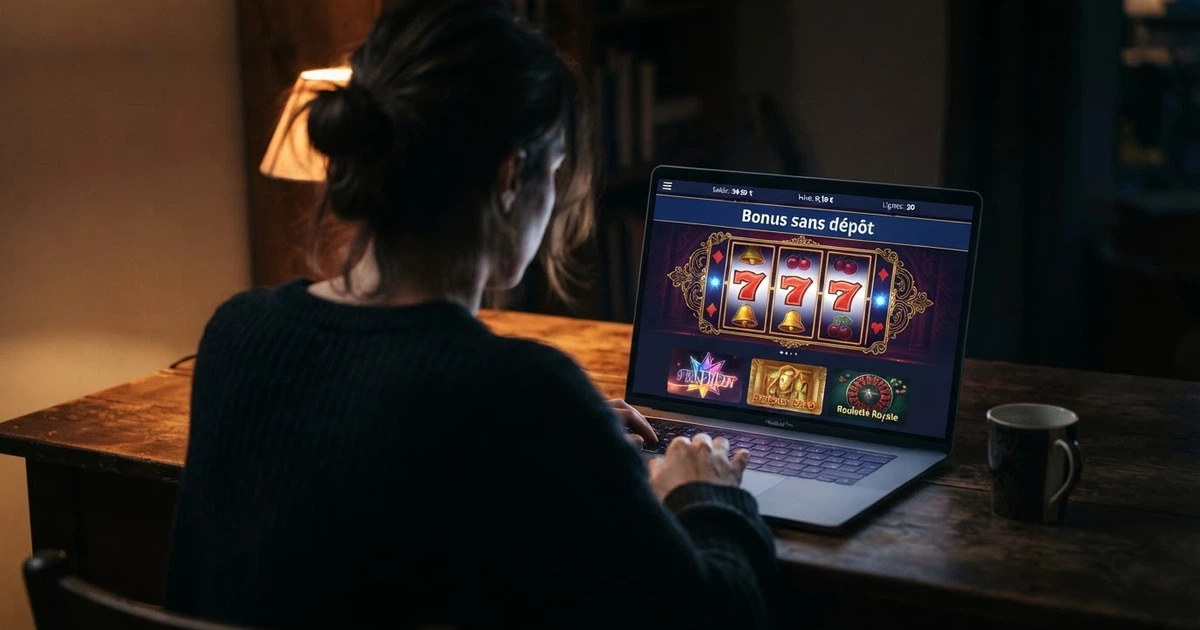 Une interface de casino en ligne affichant une offre « bonus sans dépôt » en français, avec des machines à sous en arrière-plan