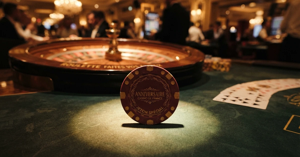 Un jeton de casino posé sur une table de jeu, face « anniversaire » visible, avec en arrière-plan flou une roulette et des cartes à jouer