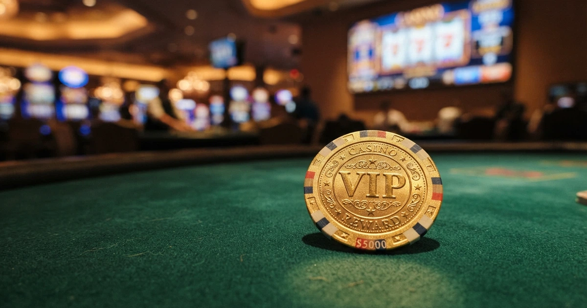 Un jeton de casino doré portant l'inscription « VIP » posé sur un tapis de jeu, avec en arrière-plan flou une salle de casino en ligne sur un écran