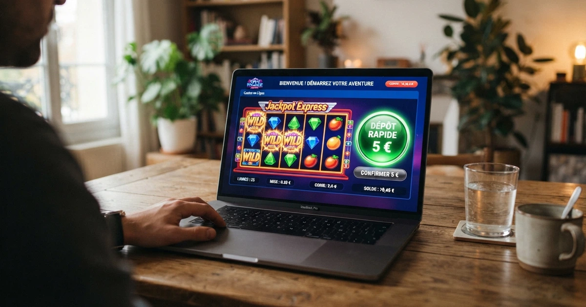 Interface d'un casino en ligne affichant un bouton de dépôt minimum de 5 euros à côté d'une sélection de machines à sous