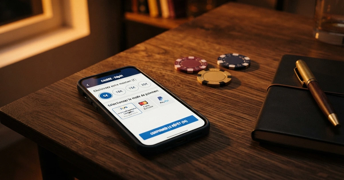 Un écran de téléphone affichant une page de caisse de casino en ligne avec l'option virement SEPA sélectionnée et les montants 5 €, 10 €, 15 € et 20 € visibles
