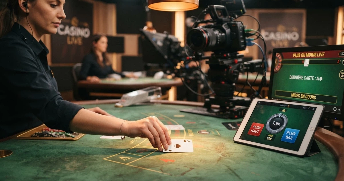 Un croupier en direct retourne une carte à jouer sur une table de Hi-Lo, avec l'interface de pari affichée à l'écran d'un casino en ligne