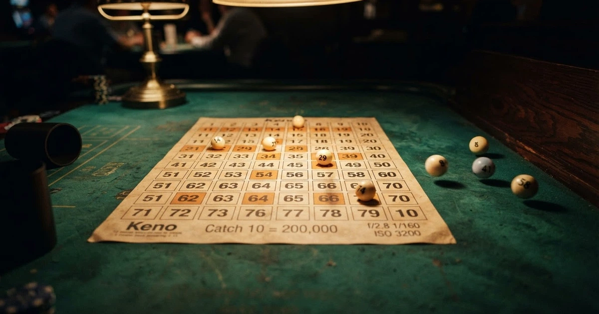 Une grille de keno avec des numéros tirés en surbrillance sur fond de table de jeu