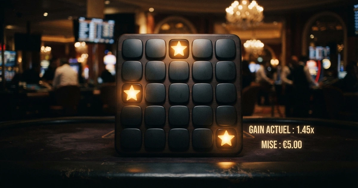 Une grille de jeu Mines 5×5 sur fond sombre avec des étoiles dorées et des cases encore fermées, l'interface d'un casino en ligne en arrière-plan flouté