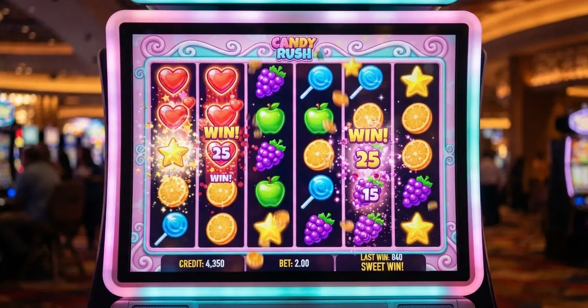 capture d'écran de la machine à sous Sweet Bonanza montrant sa grille 6×5 remplie de symboles de fruits et de bonbons colorés