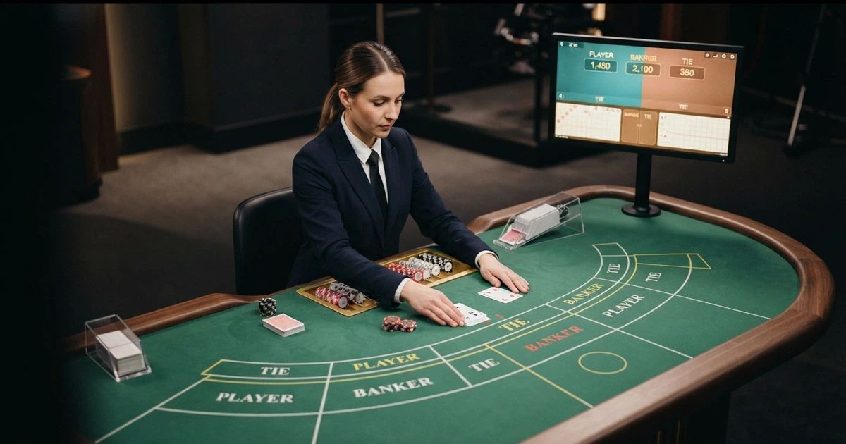 Une table de baccarat en direct filmée en plan large, un croupier en tenue professionnelle distribue les cartes, l'interface de mise est visible en surimpression au premier plan.