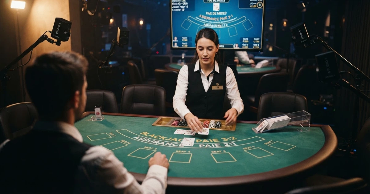 Un croupier en direct distribuant des cartes sur une table de blackjack, filmé en plan large dans un studio HD, avec l'interface de jeu visible à l'écran