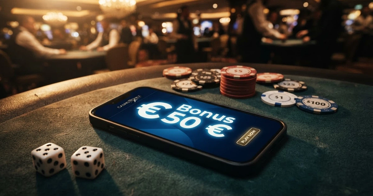 Un écran affichant une offre de bonus sans dépôt avec des jetons de casino en arrière-plan