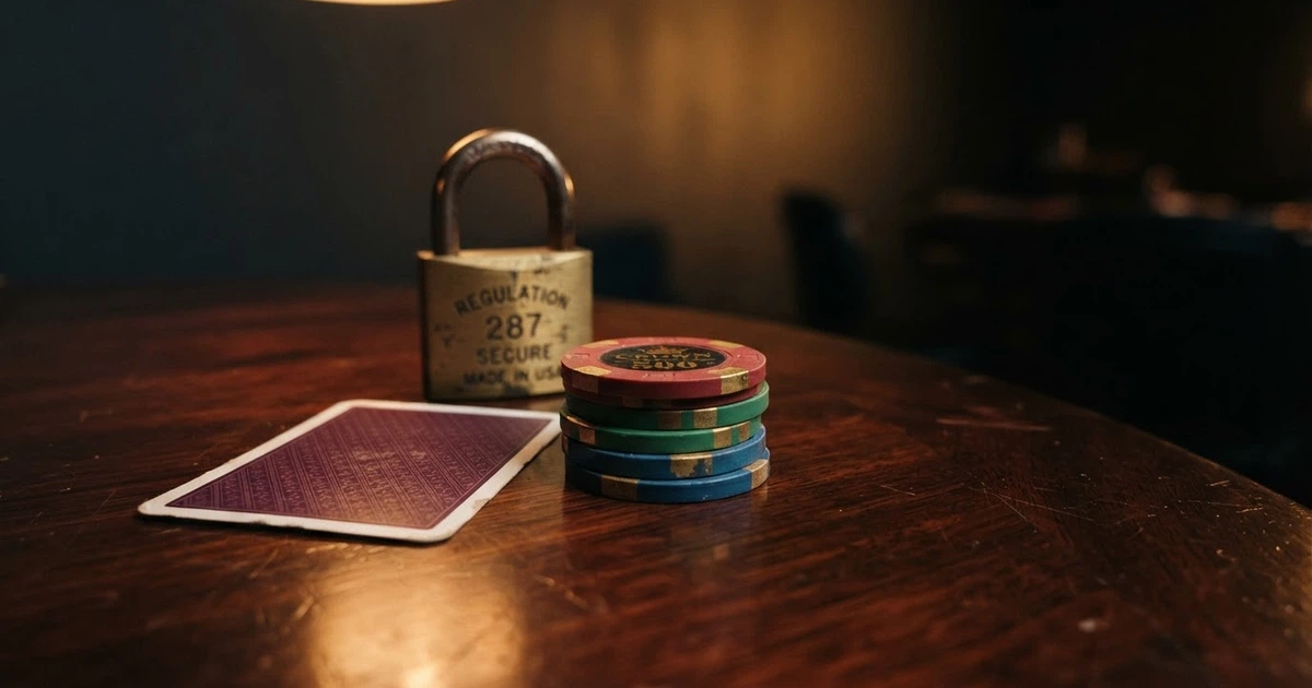 Illustration d'un tableau comparatif de casinos en ligne avec icônes de licence, jetons et cadenas sur fond sombre