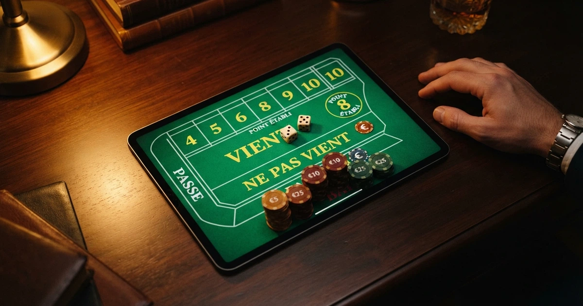 Une table de craps en ligne affichée sur un écran, avec des jetons virtuels, les dés au centre et le tapis de mise illuminé
